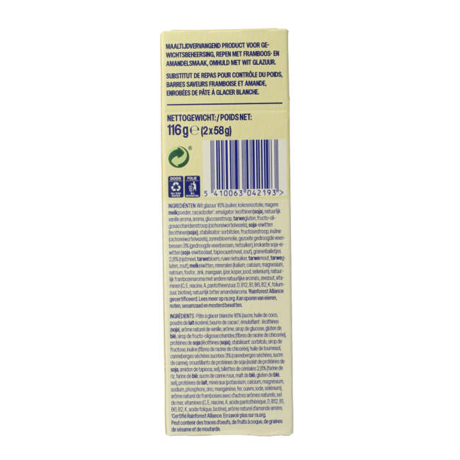 Barrette sostitutive del pasto lampone e mandorla 116 Grammi