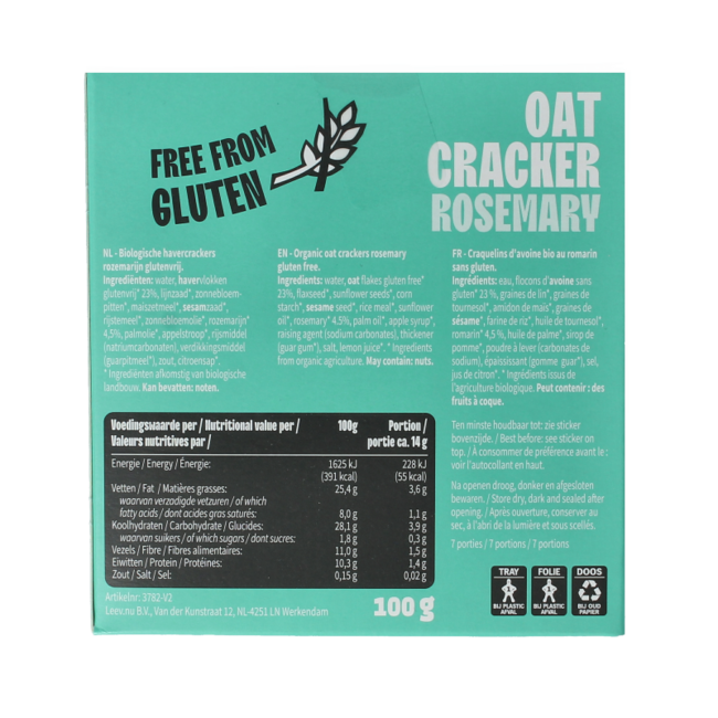 Crackers de avena con romero free from gluten bio 100 gramos