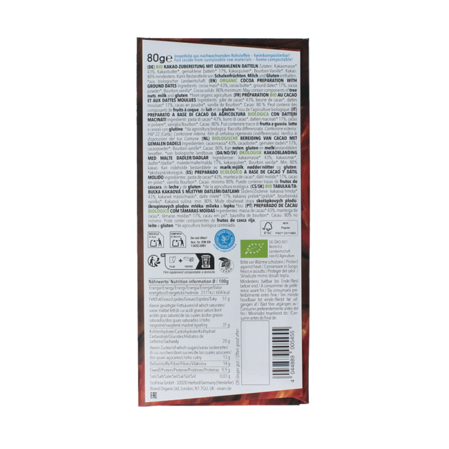 Fine dark date sugar 80% cacao organic 80 Gram