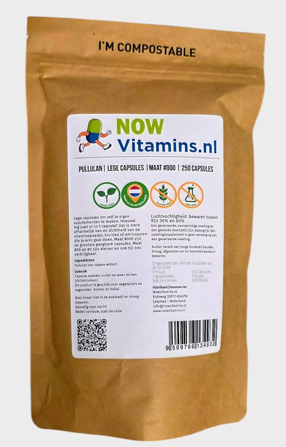 Nowvitamins.nl Capsule vuote di Pullulan mis. 000 250 Pezzi