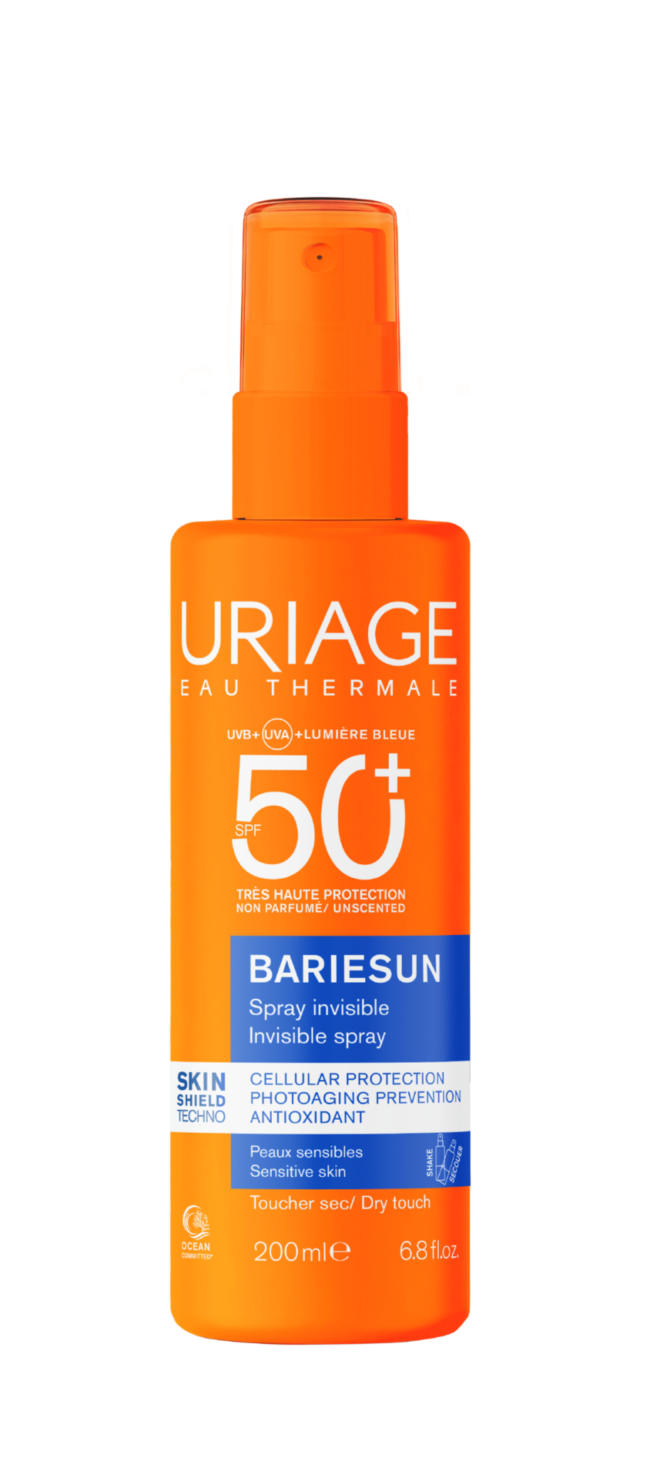 Uriage Bariesun Spray invisible sin perfume SPF50+ - Muy alta protección UVA UVB luz azul - Anti fotos-envejecimiento - Tacto seco - Hidratante vitamina E - Piel sensible - 200 ml