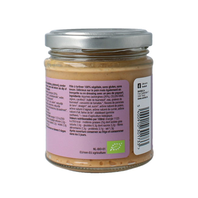 Tartinade d'aubergines sans gluten bio 180 grammes