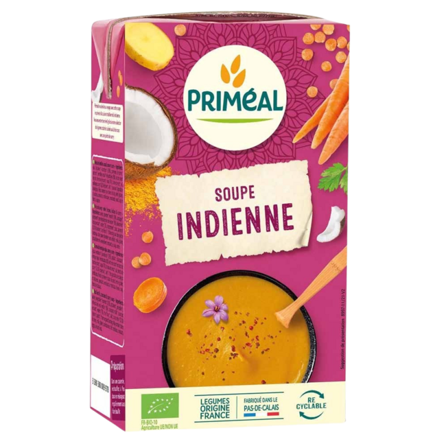 Soupe indienne Primeal aux lentilles corail, noix de coco et curry bio 1 Litre