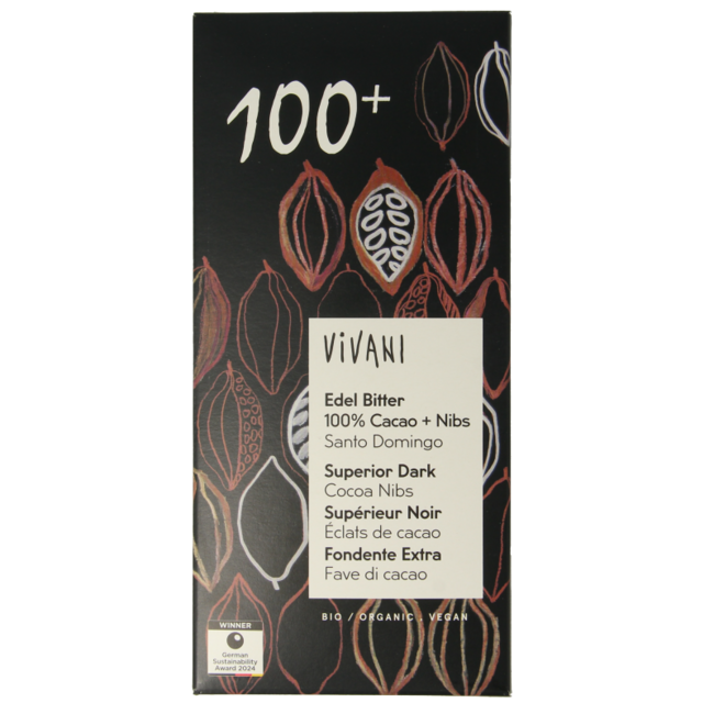Cioccolato Vivani fondente superiore 100% + fave di cacao (nibs) bio 80 Grammi