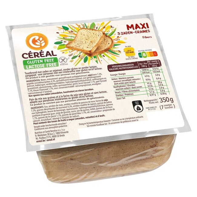 Pan Cereal Maxi de 3 semillas sin gluten y sin lactosa 350 gramos