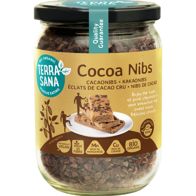 Éclats de fèves de cacao cru bio TerraSana en bocal 230 g