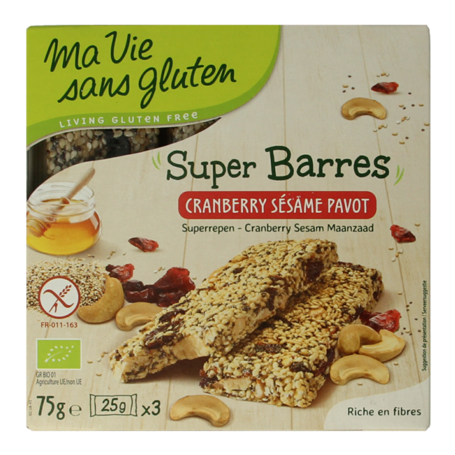 Super barritas de sésamo y arándanos rojos sin gluten bio 75 g