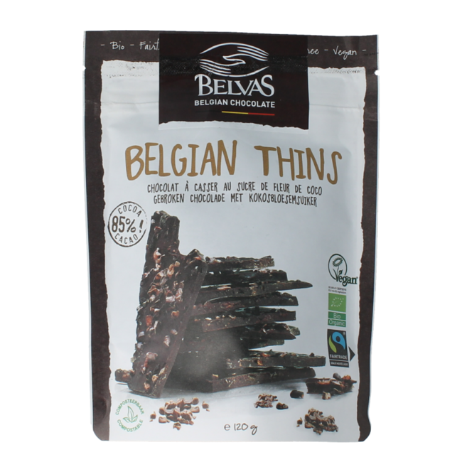 Belvas Thins Zartbitter 85% mit Kokosblütenzucker Bio 120 Gramm