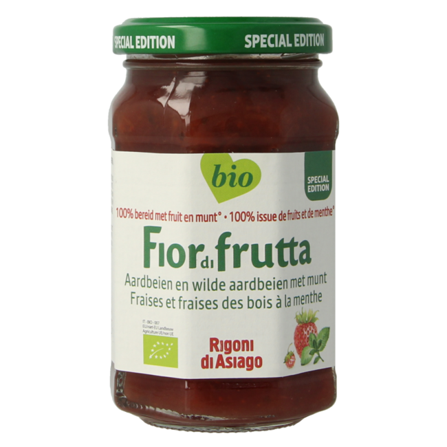 Aardbeien en wilde aardbeien met munt jam bio 250 Gram