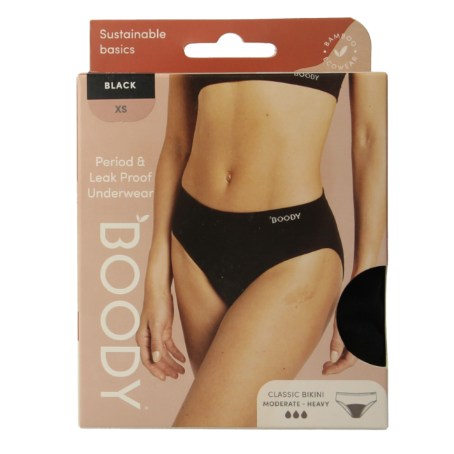 Majtki menstruacyjne Boody, fason bikini, czarne, normalne/obfite, rozmiar XS, 1 sztuka