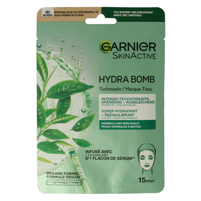 Garnier SkinActive Tuchmaske Hydra Bomb Grüner Tee, 1 Stück