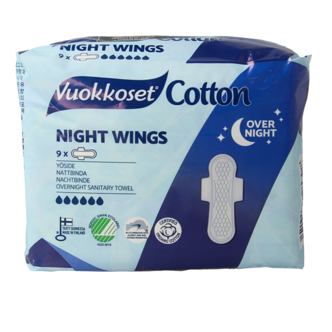 Podpaski nocne Vuokkoset ze skrzydełkami, bawełna organiczna, 9 sztuk