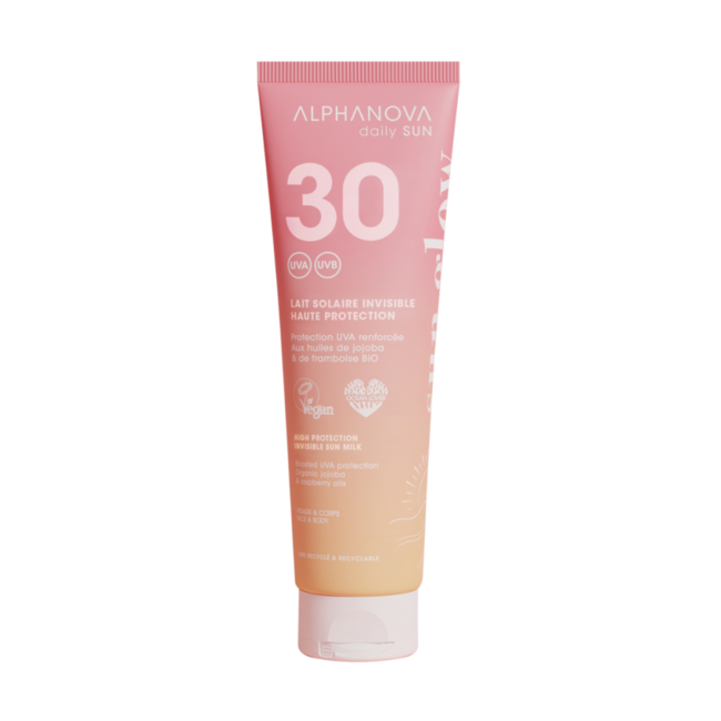 Lait solaire invisible Alphanova Sun éclat soleil bio SPF30 150 Millilitres