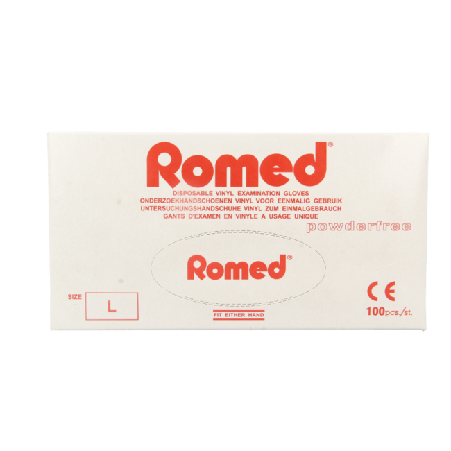 Rękawice winylowe Romed, niesterylne, bezpudrowe, rozmiar L, 100 sztuk