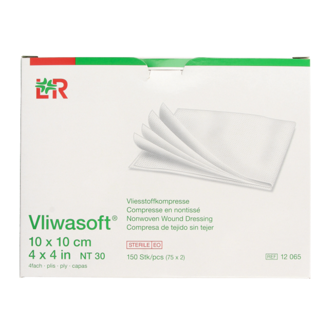 Kompresy włókninowe Vliwasoft 10 x 10 cm, 4-warstwowe, 75 x 2 opakowania (150 sztuk)