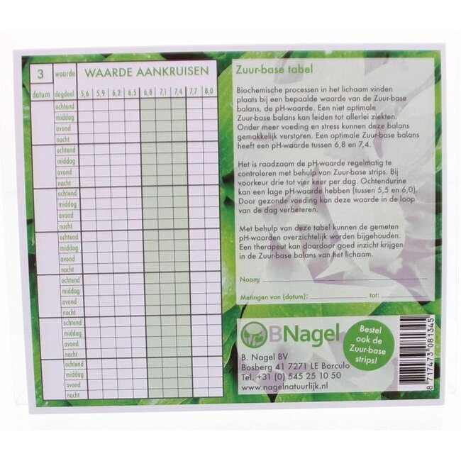 Tableau Nagel pour le relevé des valeurs acido-basiques 1 unité