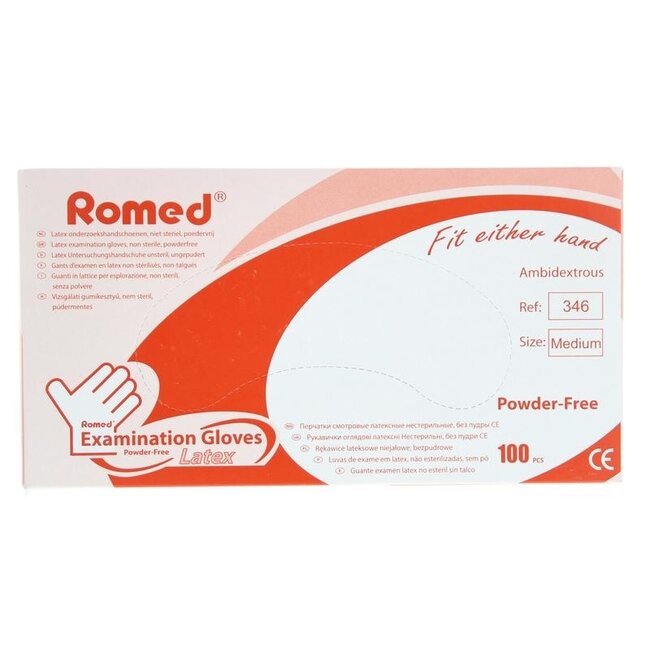 Romed Latexhandschuhe, unsteril, puderfrei, Größe M, 100 Stück
