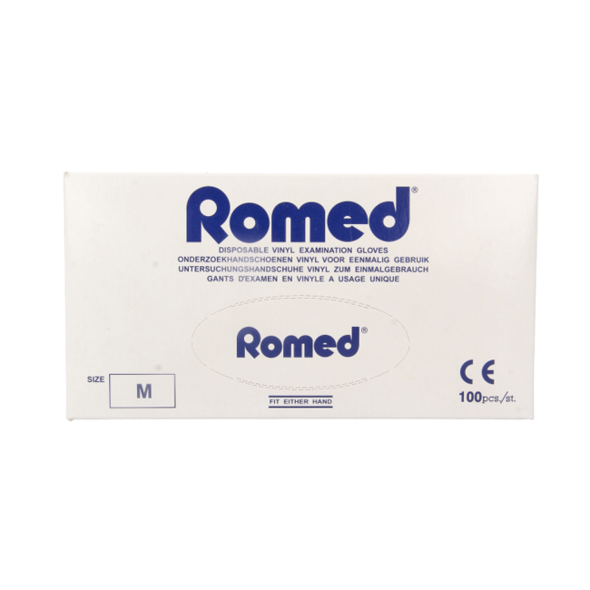 Guanti in vinile Romed non sterili, con polvere, Taglia M, 100 Pezzi