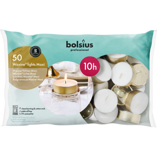 Profesjonalne podgrzewacze maxi (tealight) Bolsius 10h, białe, 50 sztuk