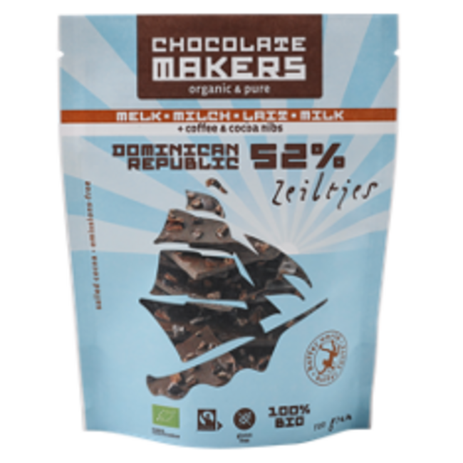Chocolatemakers Zeiltjes melk 52% met cacaonibs & koffie bio 100 Gram
