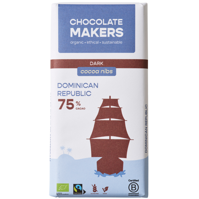 Chocolatemakers Reep tres hombres 75% puur met cacaonibs bio 80 Gram
