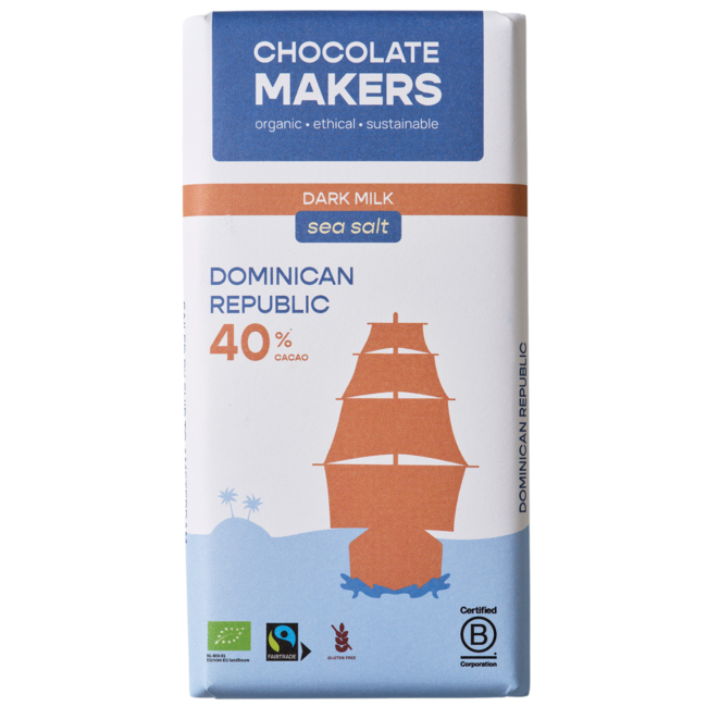 Chocolatemakers Tres Hombres 40% Milk Sea Salt Bar Fairtrade Organic 80g