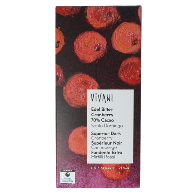 Chocolate negro con arándanos rojos 70% bio 80 gramos