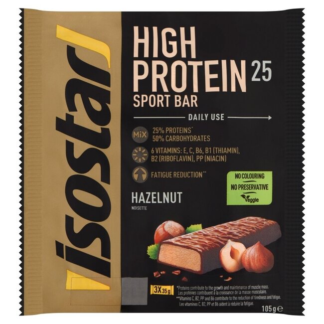 Barrette sportive Isostar High Protein 25 nocciola, confezione da 3 (105 grammi)