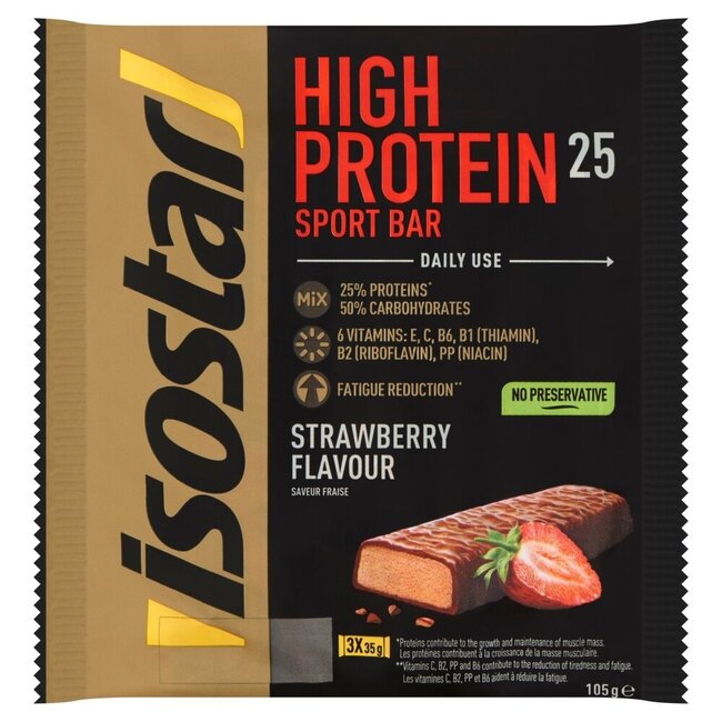 Barrette sportive Isostar High Protein 25 fragola, confezione da 3 (105 grammi)