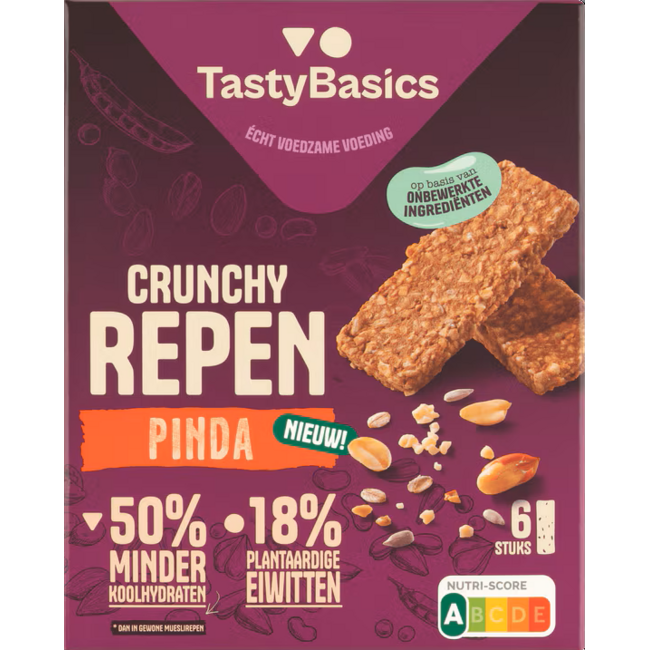 TastyBasics Crunchy Riegel mit weniger Kohlenhydraten, Erdnuss, 138 Gramm