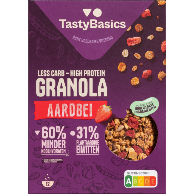 TastyBasics Less carb-high protein granola aardbei 350 Gram