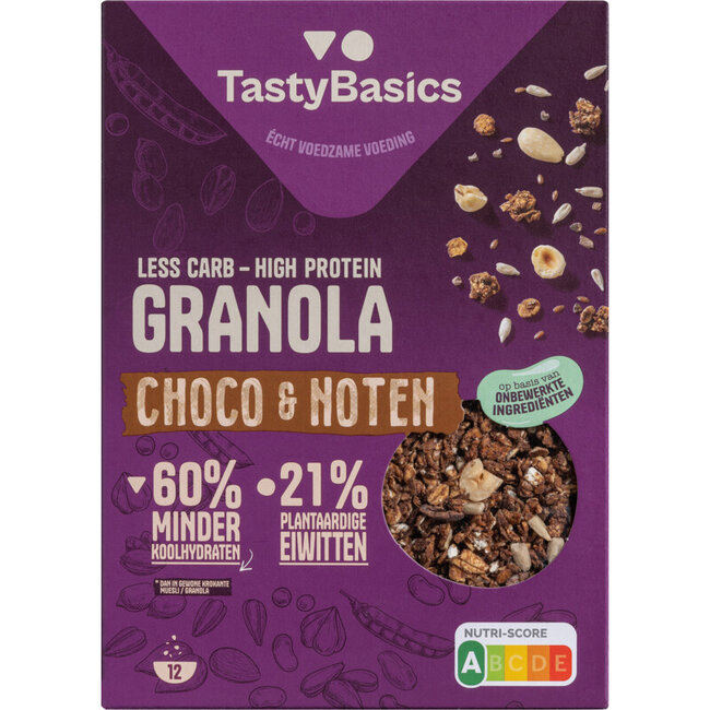Granola TastyBasics Baja en Carbohidratos y Alta en Proteínas con Chocolate y Frutos Secos 350 Gramos