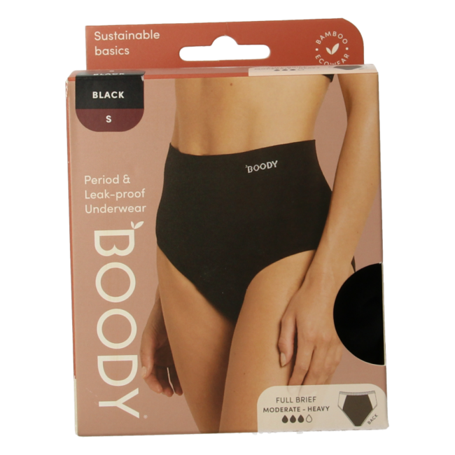 Majtki menstruacyjne Boody typu bikini, czarne, lekkie/normalne, rozmiar S, 1 sztuka