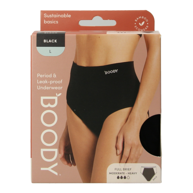 Boody period underwear full brief black moderate flow size L 1 piece