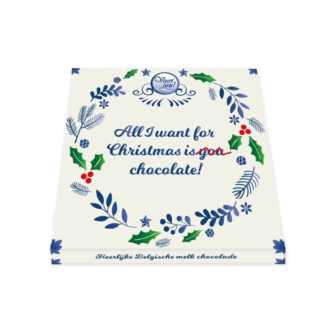 Tableta de chocolate de Navidad Voor Jou! Diseño Azul de Delft "all I want" 90 g