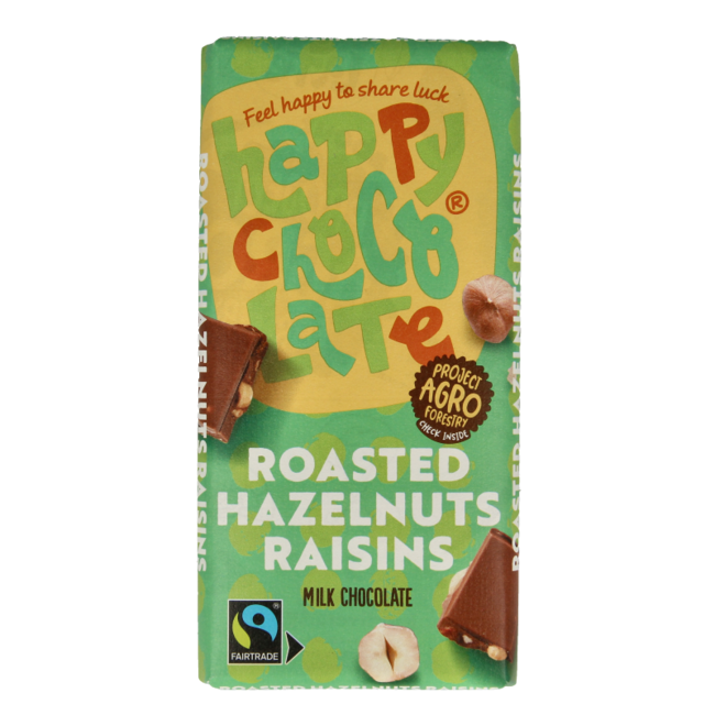 Chocolate con leche, avellanas tostadas y pasas ecológico 100 g