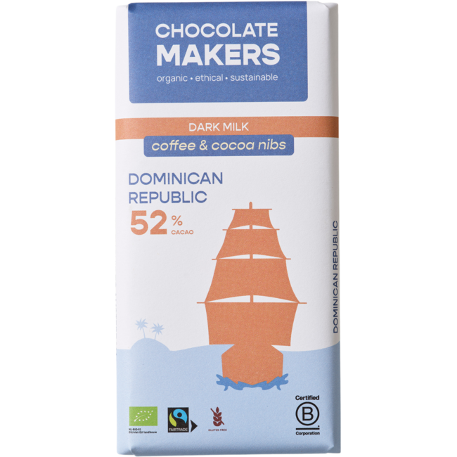 Tres Hombres 52% Milk Chocolate Bar with Cocoa Nibs & Coffee Organic 80g