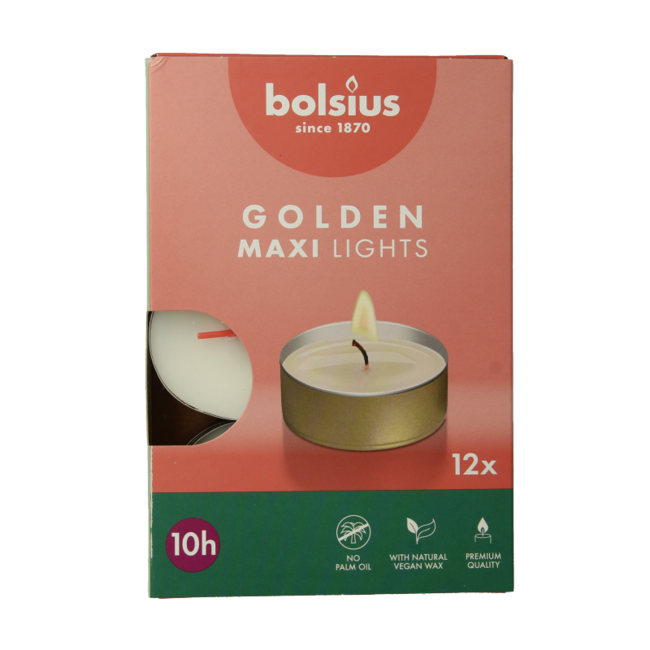 Bolsius Maxi Tea Lights 10-Hour White with Gold Cup - 12 Pack