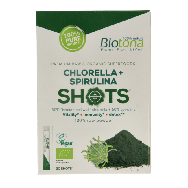 Shot di Chlorella e Spirulina Bio da 2,2 grammi (20 Pezzi)