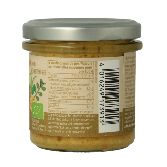 While stocks last Lentil spread yellow curry organic 150.00 Gram