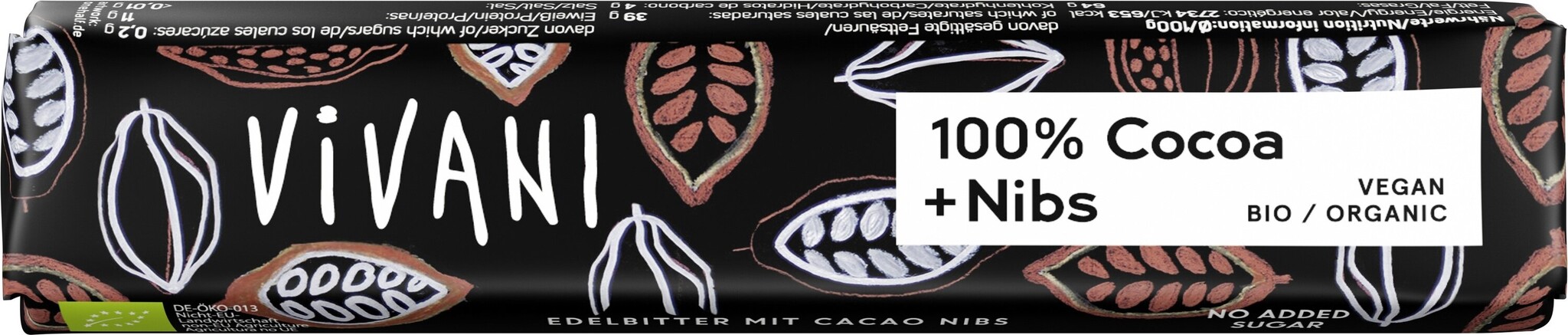 Vivani Chocolate to go puur 100% + nibs bio 25 Gram