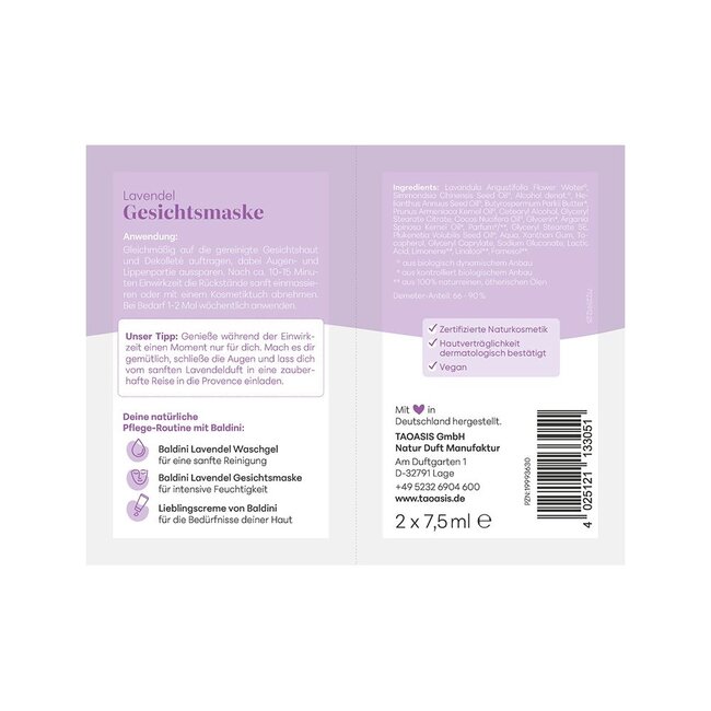 Baldini face mask Lavender Organic Demeter 15.00 Millilitres