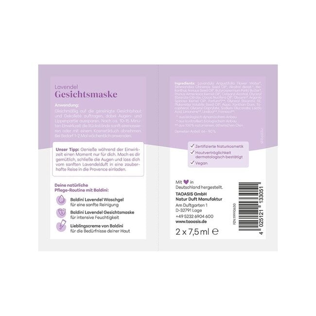 Baldini maschera viso Lavanda Bio Demeter 15,00 millilitri