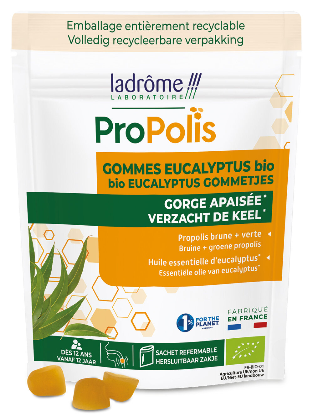 Ladrome Propolis eucalyptus gommetjes doypack bio 45 Gram