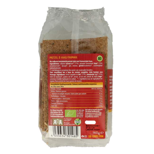 Crackers pretzel kaas bio 160 Gram