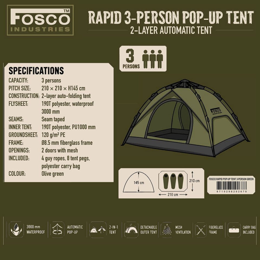 Fosco Rapid Pop-Up Tent 3-Person Fosco Rapid Pop-Up Tent 3-Person