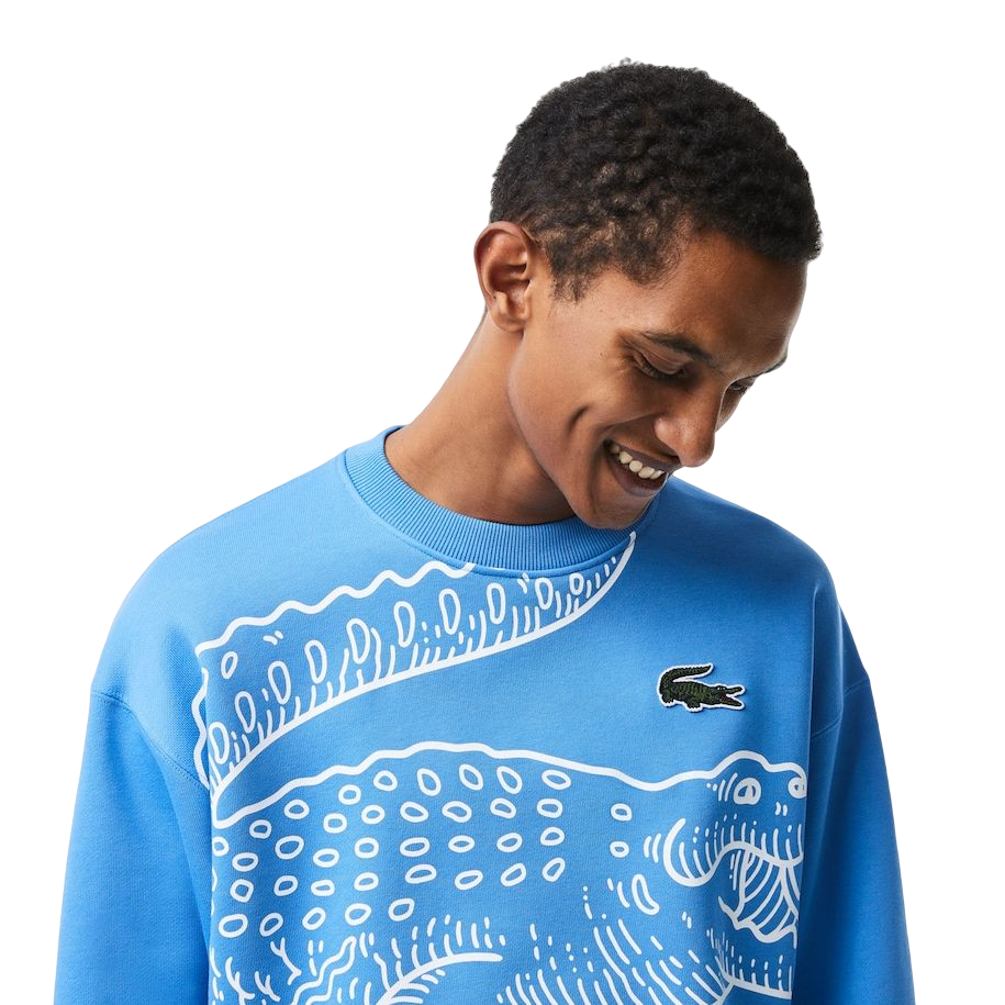 Sweatshirt Col Rond Loose Fit Imprimé Crocodile- Bleu