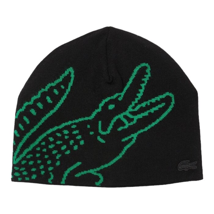 Lacoste Bonnet en Laine Jacquard Crocodile - Noir/Vert