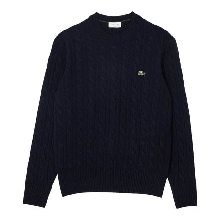 Lacoste Pull Torsadé en Laine Cardée Col Rond - Bleu Marine