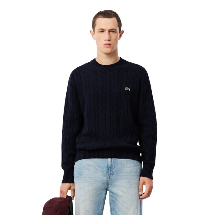 Lacoste Pull Torsadé en Laine Cardée Col Rond - Bleu Marine